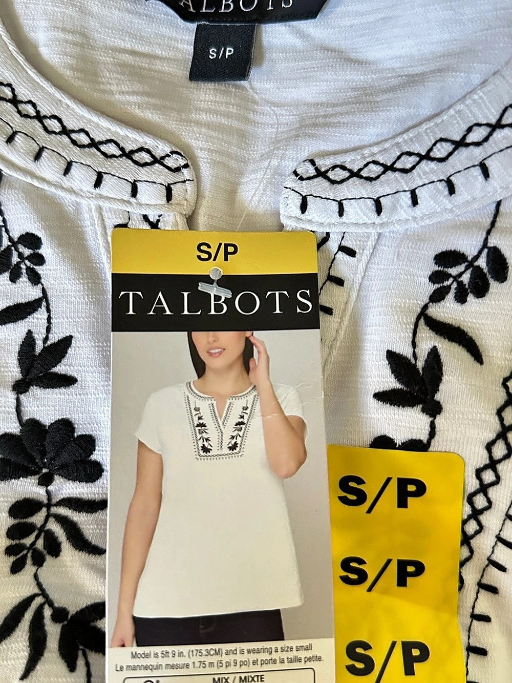 Talbots Embroidered Split Neck Top White & Black Small NWT